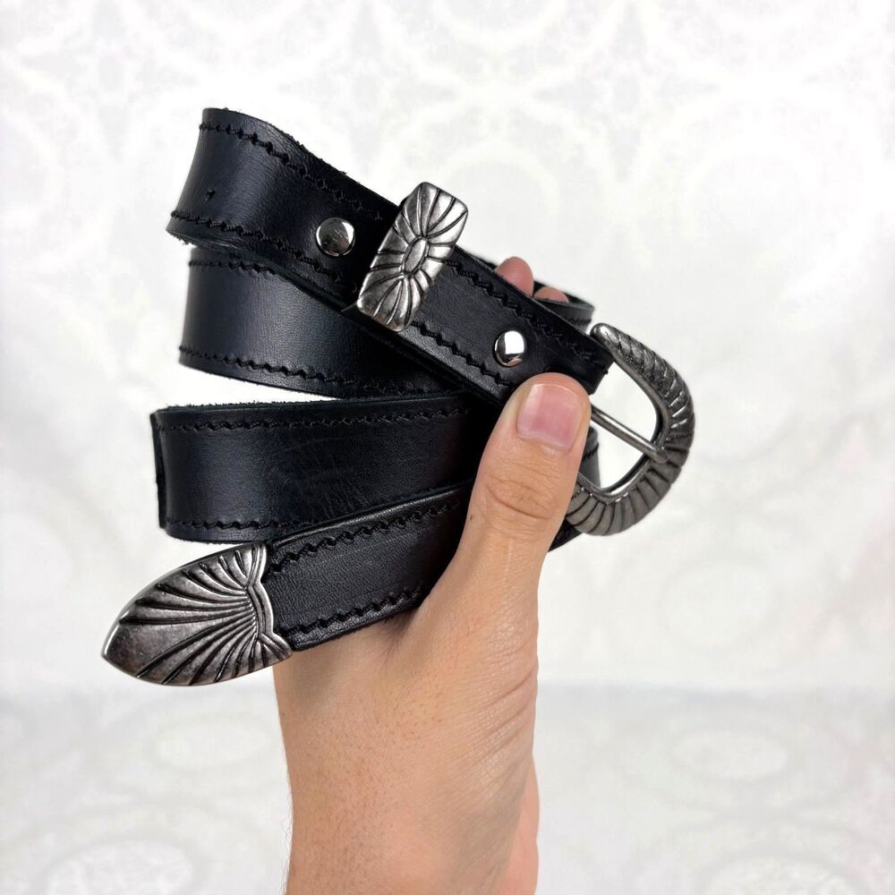 Tecovas 100% Leather Belt Western 3 Piece Silver Buckle Vachetta Cowhide Size L